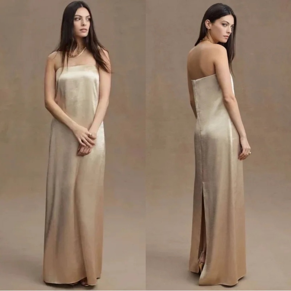 Sachin & Babi Stella Strapless Hammered Back Slit Satin Gown Size 12 Champagne